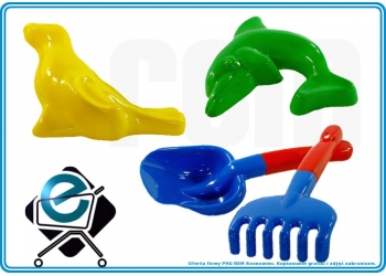 Dodatki do piasku - 4 elementowy zestaw do piaskownicy Łopatka Grabki Foremki