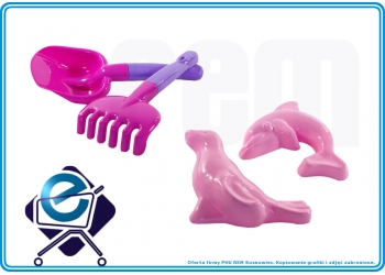 Dodatki do piasku dla dziewczynki: łopatka, grabki, foremka delfin i foka