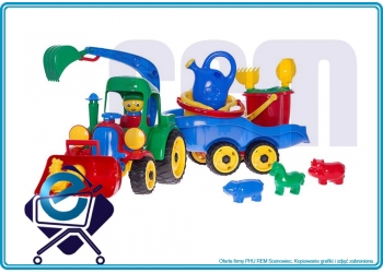 DUŻY Traktor koparka z przyczepą i kpl mini 10-el do piaskownicy +3L