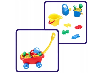 DZIECIĘCY WÓZEK z rączką do ciągnięcia z zestawem do piasku 10 elem. POLSKI