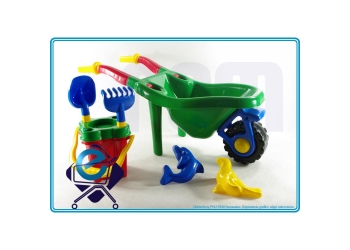 DUŻA TACZKA z wiaderkiem ZAMEK z akcesoriami: łopatka grabki foremki i stiko