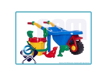 DUŻA TACZKA z wiaderkiem ZAMEK z akcesoriami: łopatka grabki foremki i stiko