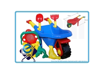 DUŻA TACZKA z wiaderkiem ZAMEK z akcesoriami: łopatka grabki foremki i stiko